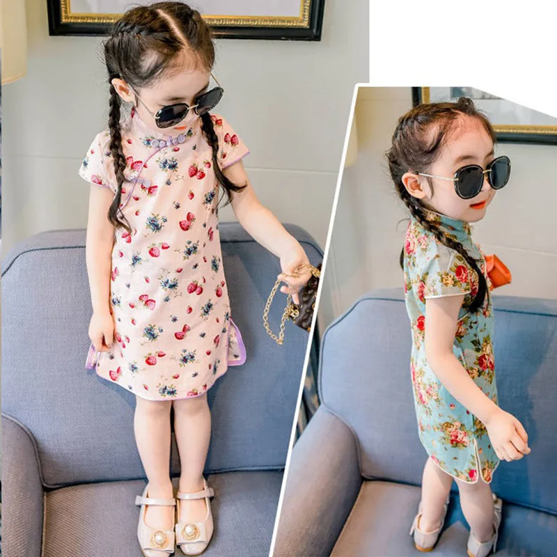 Китайское платье принцессы Cheongsam; летнее платье для маленьких девочек; детская одежда; милое хлопковое платье принцессы без рукавов с цветочным принтом