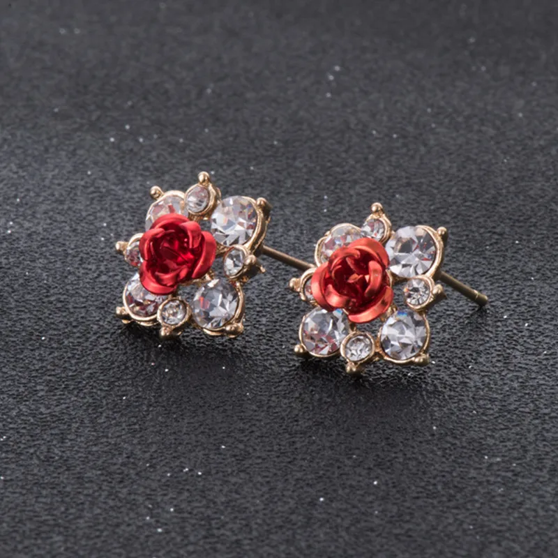 Женские серьги гвоздики высокого качества с кристаллами и цветком из горного