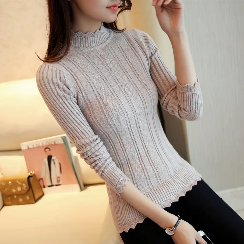 OHCLOTHIN 2021 new Fashion half Korean women knitted sweater slim petal collar shirt Elastic Bottoming Turtleneck Twist Pullover | Женская