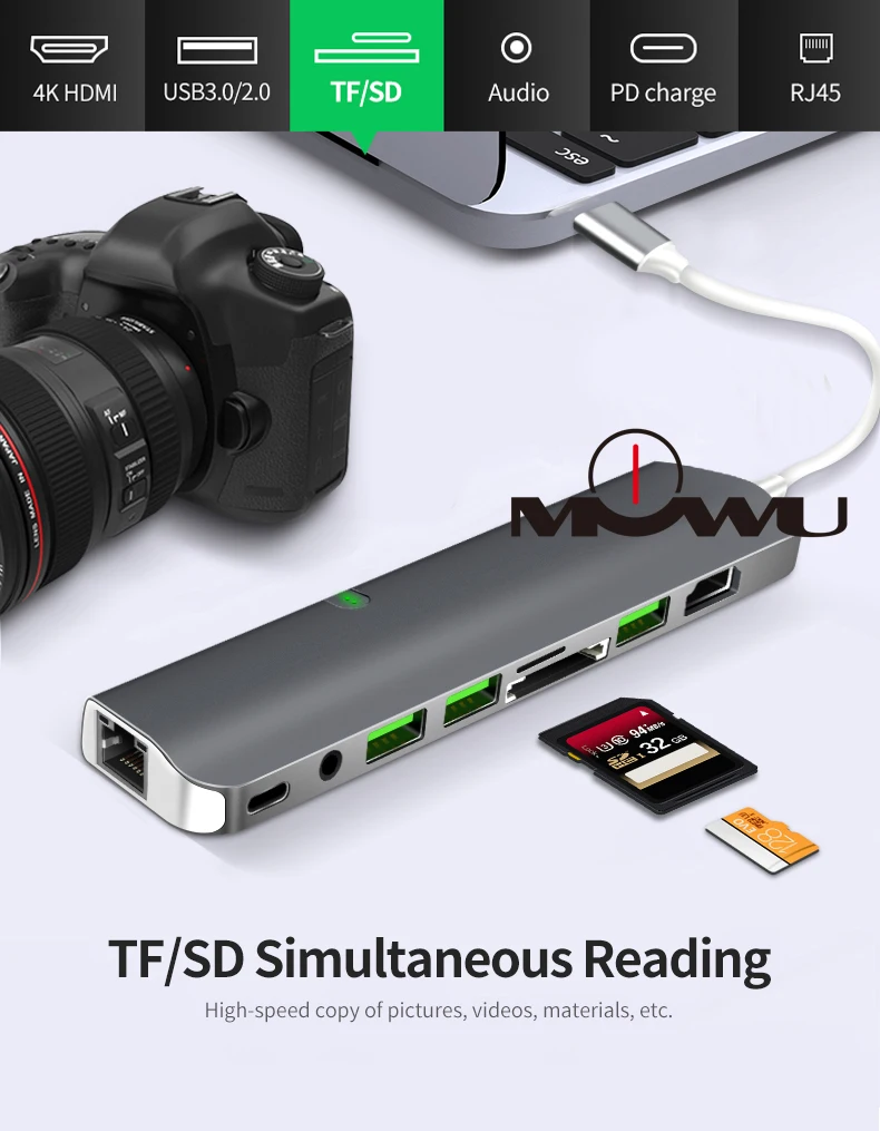 9in1USB C концентратор TYPE C Thunderbolt 3 адаптер USB-C подключающийся аппаратный ключ с HDMI 4k PD USB 3,0 SD TF кардридер для MacBook Pro Air 13 15