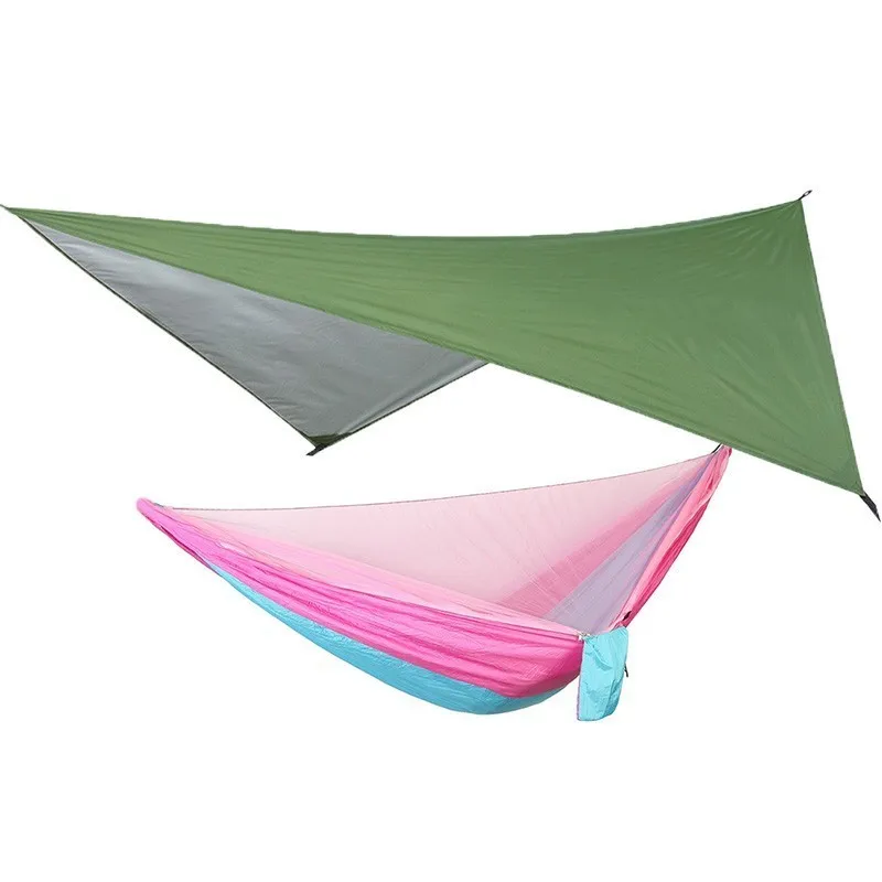 army pink blue 1 комплект сетки гамак+ навес палатка для кемпинга на открытом воздухе портативный без комаров дождь муха брезент парашют качели кровать Водонепроницаемый - Цвет: army pink blue