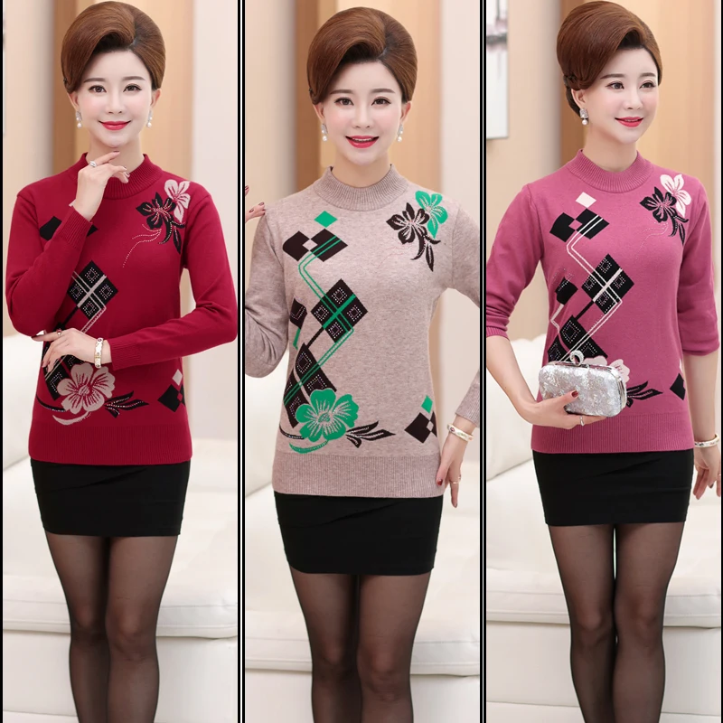 2020 New Autumn Winter Middle-aged Women Knit Sweater Plus size 4XL Fashion Slim O neck Pullover Shirt Casual Tops | Женская одежда