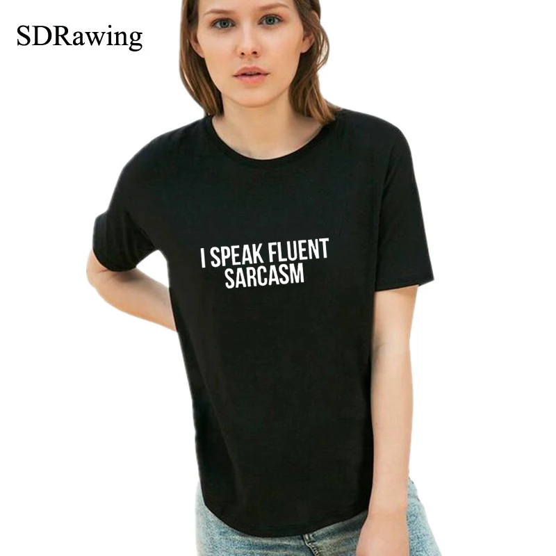 Женская хлопковая футболка с коротким рукавом и круглым вырезом|top tees|i speak fluent