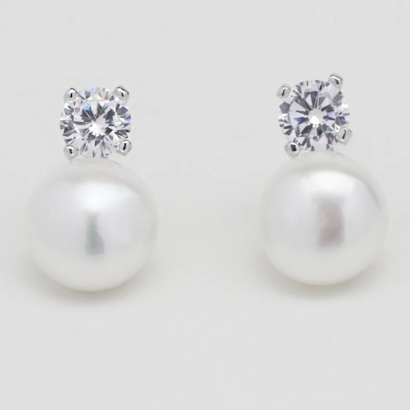 CZ горный хрусталь реального Серьги с жемчугом круглая кнопка белый из