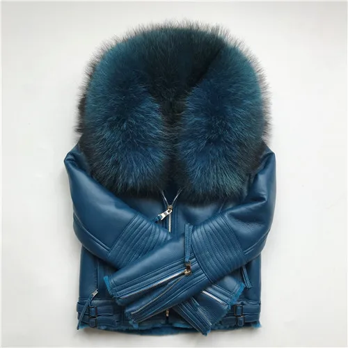 Blue Женское пальто из натурального овечьего меха, зимняя теплая Модная куртка из натуральной мериносовой овчины, кожаная куртка с натуральным большим воротником из меха енота - Цвет: Blue