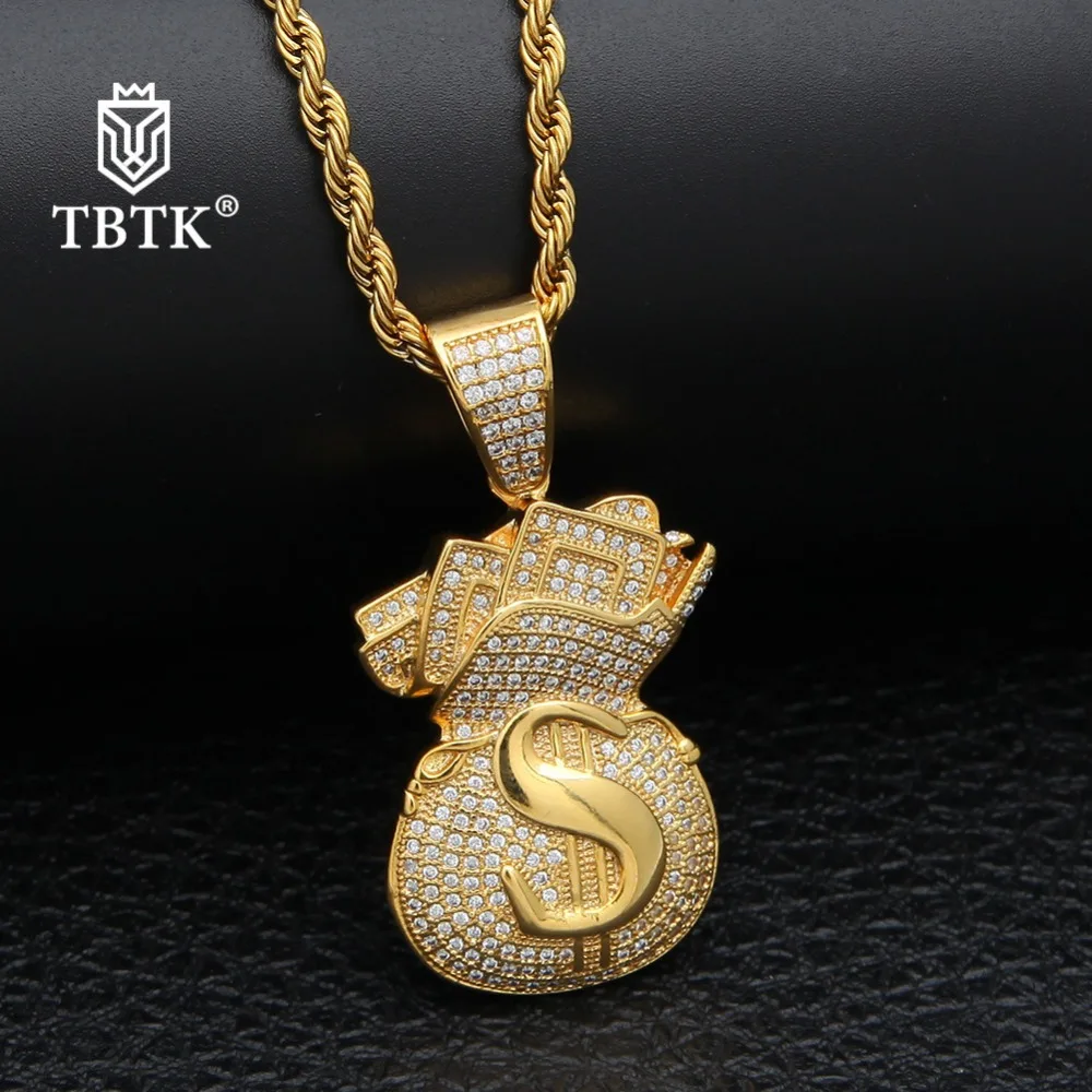 

TBTK US Dollar Purse Shape Pendants Hiphop Men Necklaces Gold Money Bag Pendant Custom Necklace Bling CZ Stones Jewelry Gift