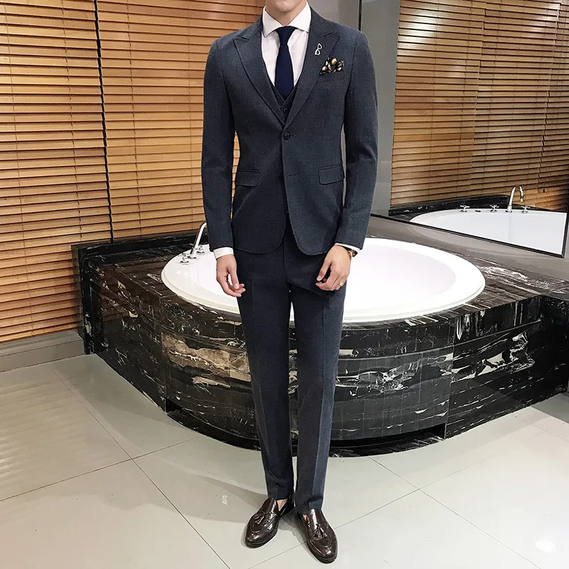 

Formal Wear Wedding Dress Suits High Quality Men Elastic Slim Suits Blazer Jackets+Pants+Vest Men Light Blue Casual Suits