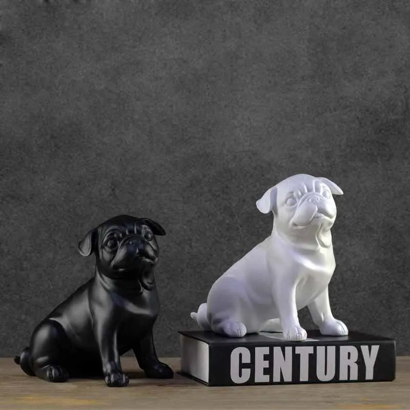 Black white creative resin Pugs dog figurines vintage statue home decor crafts room decoration objects animal figurine | Дом и сад