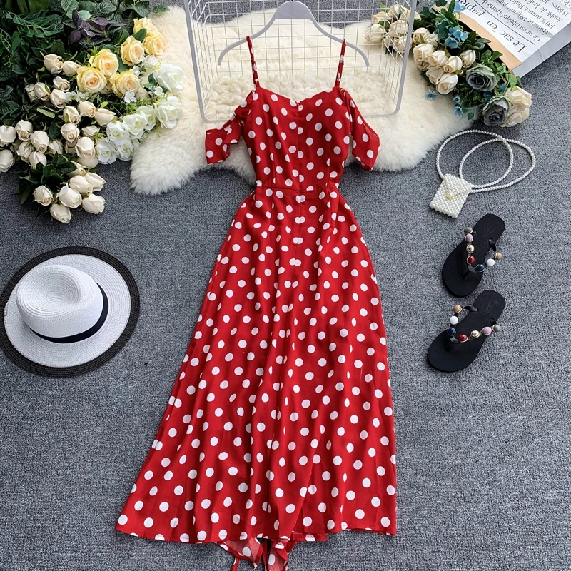 

2019 Vintage V Neck Red Polka Dot Women Midi Dress Elegant Irregular Ruffles Spaghetti Strap Dress Boho Chic Drawstring Vestidos