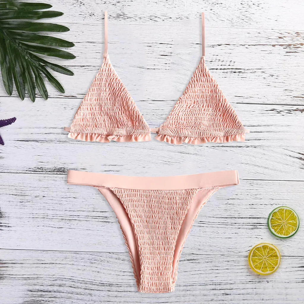 Женский модный новый пляжный купальник 2019 однотонный плиссированный бандажный