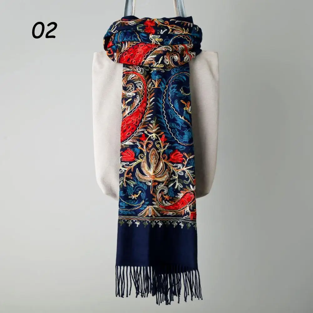 02 Black Scarf Sparsil женские зимние вязаные кашемировые шарфы ретро шик Кешью Цветочная вышивка длинная шаль 200 см осенний зимний теплый шарф - Цвет: 02 Black Scarf