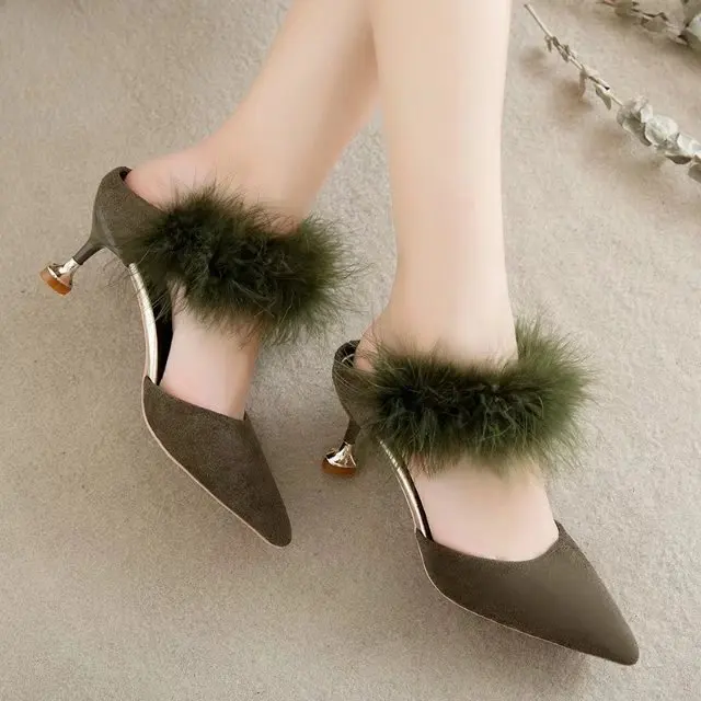 Высококачественные модные женские туфли лодочки с перьями страуса шлепанцы на