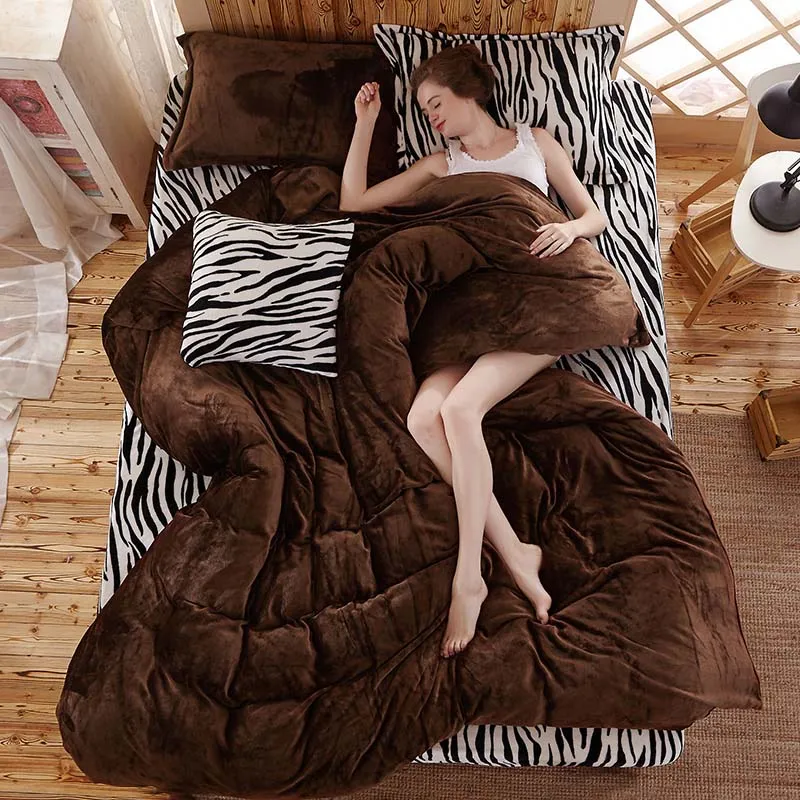 Zebra Stripe Brown Леопардовые полосатые зимние Утепленные фланелевые теплые постельные принадлежности набор плюшевых пододеяльников 4 шт/3 шт простыни чехлы на подушки, одеяло розовый - Цвет: Zebra Stripe Brown
