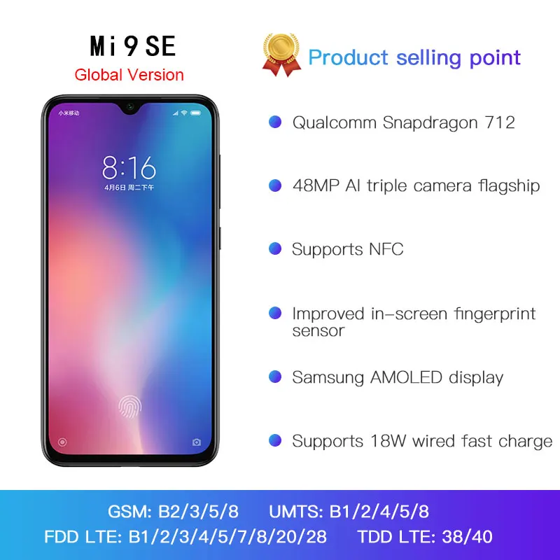Глобальная версия Xiaomi mi 9 SE 64GB 6GB Смартфон Snapdragon 712Octa Core 5 97 "48MP Тройная камера