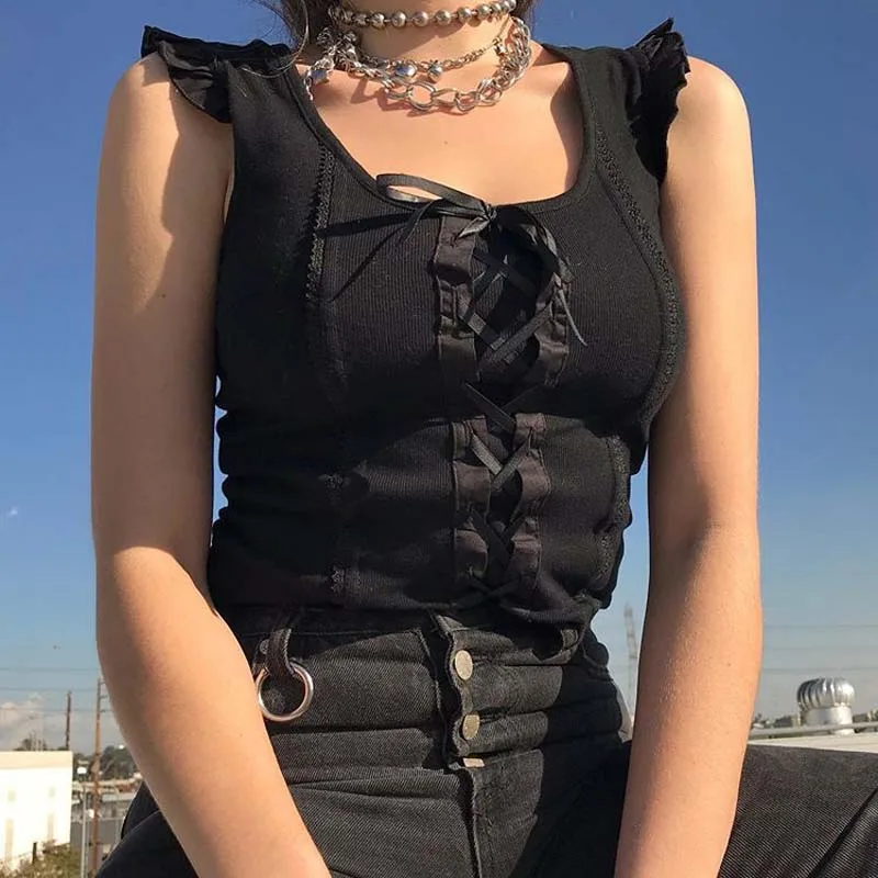 black tank top Ins, новинка, Ретро стиль, на шнуровке, одноцветная майка, женская, летняя, модная, с оборками, тонкая кофточка, топы, бренд Harajuku, без рукавов, на бретельках, для женщин - Цвет: black tank top