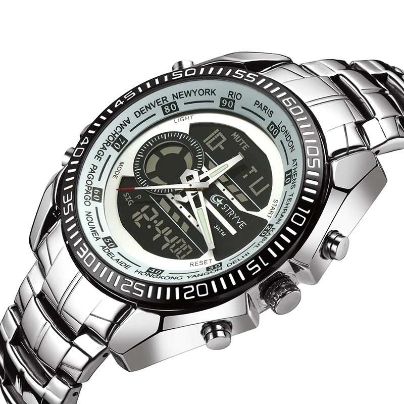 

Stryve Brand Luxury Wristwatches Full Stainless Steel Military Heavy Dial Dual Time Quartz Digital Chrono Clock Men Sports Watch