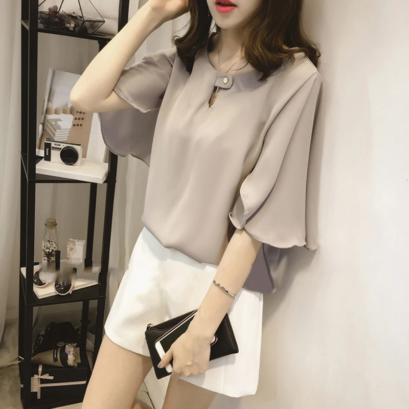 Женские шифоновые топы короткий рукав клеш футболка блузка летняя Однотонная