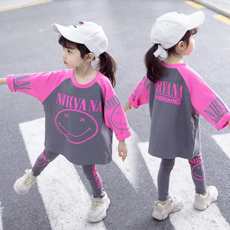 

Girl spring T-shirt pants two-piece Girl cotton high elastic suit Girls contrast color stitching fashion two-piece Girl suit
