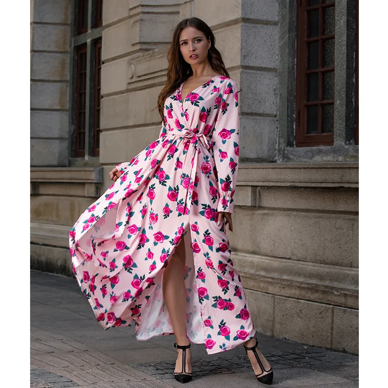 Bohemian Printing Maxi Dresses for Women Long V Neck Summer Beach Sashes Petal Sleeve Vestidos | Женская одежда