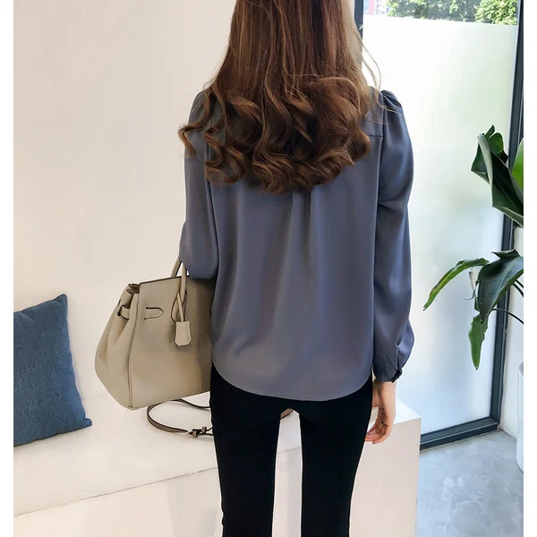 p26 m -4xl autumn the new women's pure color chiffon v neck shirt women long sleeve blouse loose |
