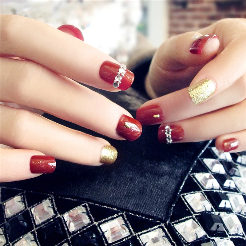 24 Pcs Acrylic Fake Fingernails Full Cover False Dark Red Nail Art DIY Display | Красота и здоровье