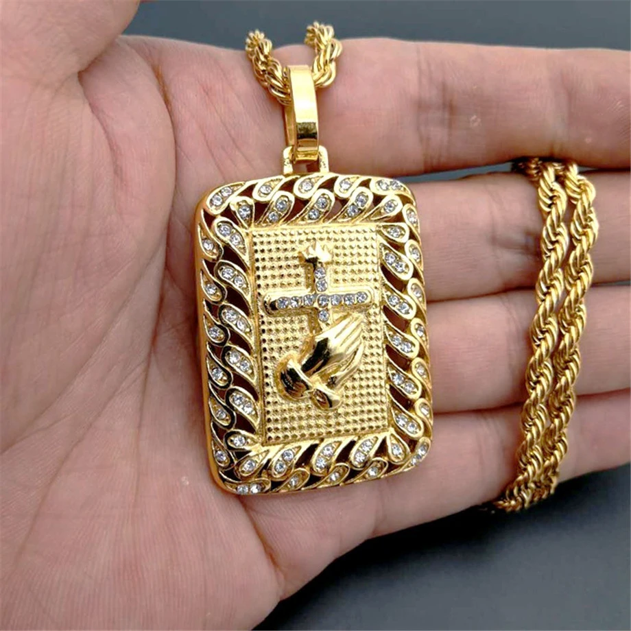 

New Gold Color Cross Hands Hiphop Bling Necklace With Zircon Mens Religious Jewelry Iced Out Prayer Jesus Women Men Gift