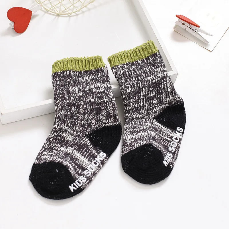 Baby Thicken Cotton Yarn Wool Socks Breathable Warm Middle Tube infant Pure Color Letters Kid Sock Anti-Slip Rubber Bottom | Детская