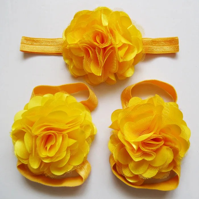 

2015cute fabric satin mesh flowers for headbands baby girls barefoot sandals and headband sets children shoes 10set/lot