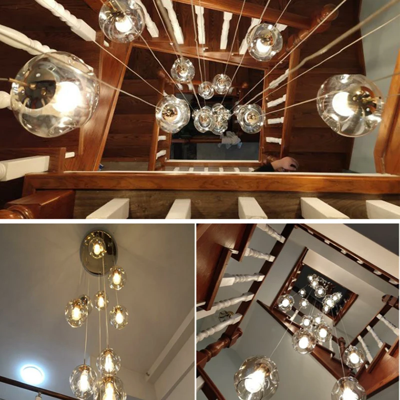 

Modern minimalist smoke gray magic bean glass lampshade chandelier can be customized duplex staircase decoration LED lighting