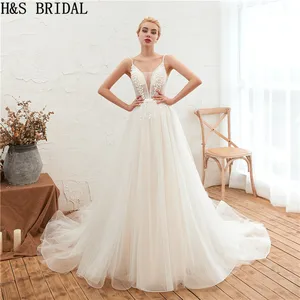 H&S BRIDAL Lace Sexy boho wedding dress Simple Wedding Gown With Spaghetti Straps Lace Applique Beading Beach Bridal Dress 2019