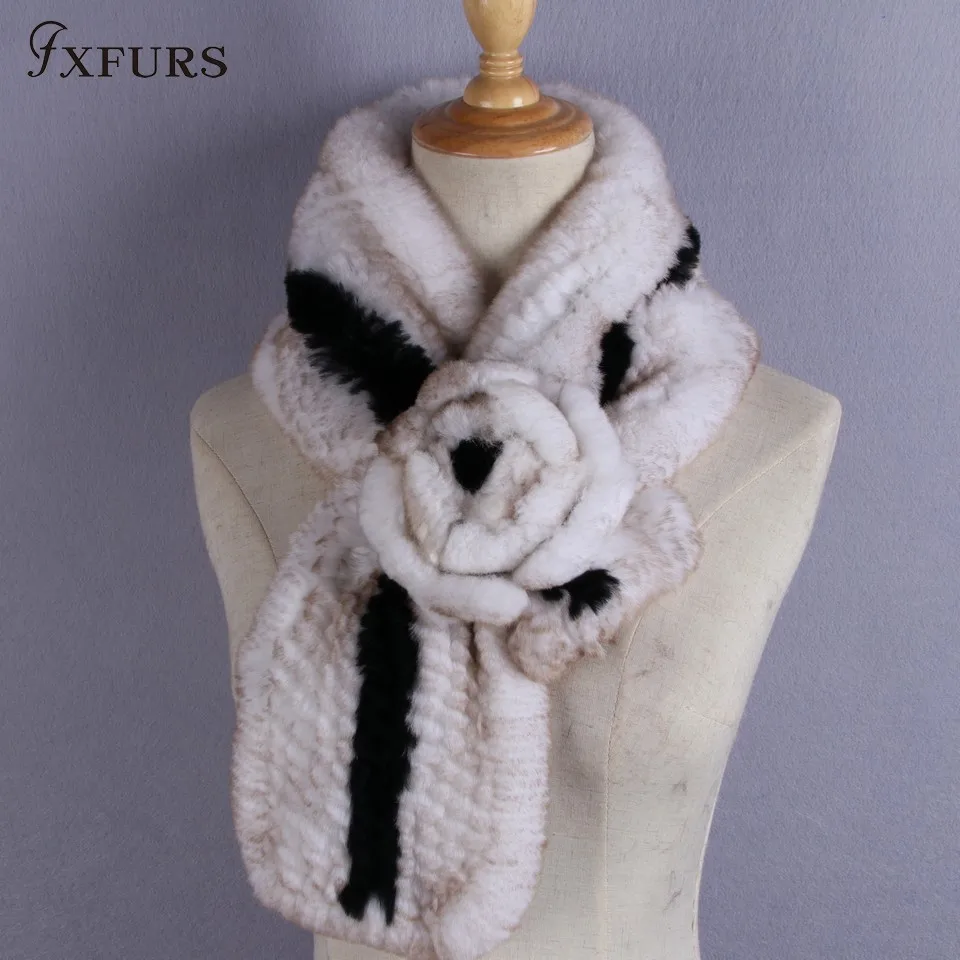 Фото FXFURS 2020 новые оригинальные вязаные шарфы из кроличьего меха с цветами, женские зимние модные меховые накидки, высококачественные меховые те... №2