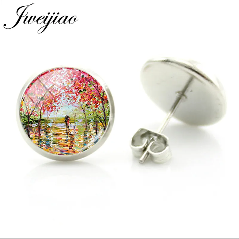 JWEIJIAO Beautiful Flowers Garden Mountain Watercolor Painting Stud Earring Glass Cabochon Earrings Rhodium Plated Jewelry SR05 | Украшения