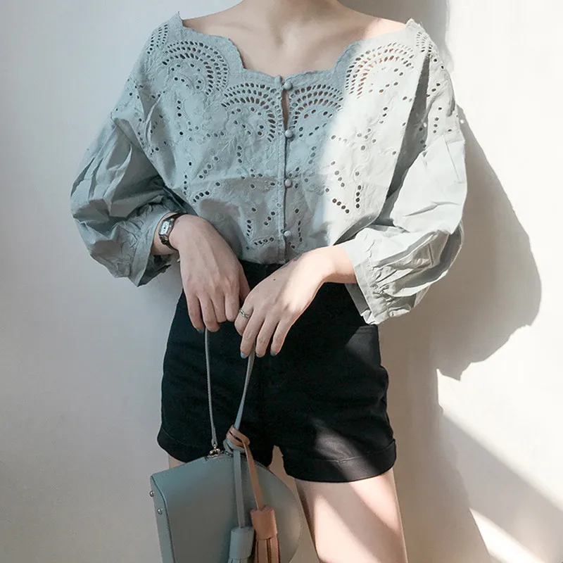 2 цвета 2017 летние открытые однотонные кружевные блузки женские рубашки (B0605) |