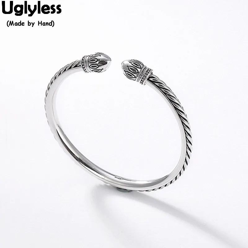 

Uglyless Real Solid 999 Pure Silver Lotus Open Bangles for Women Thai Silver Bracelets Twist Bangle Ethnic Spiral Fine Jewelry