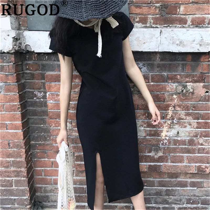 Женское вечернее платье с круглым вырезом RUGOD однотонное элегантное до середины