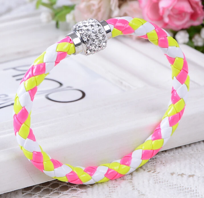 Fashion PU Leather Mix Color Weave Crystal Magnet Bracelets For Women 13 Colors To Choose Best Gift Pulseras 354 | Украшения и