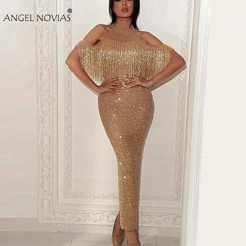 

ANGEL NOVIAS Long Glitter Gold Abendkleider Saudi Arabic High Neck Women Evening Dresses 2020 with Beading Tassel Avondjurken