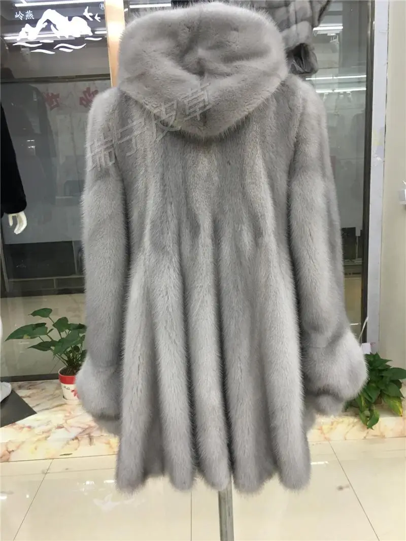Новинка 2016 женская шуба из натурального меха норки с капюшоном длинным рукавом