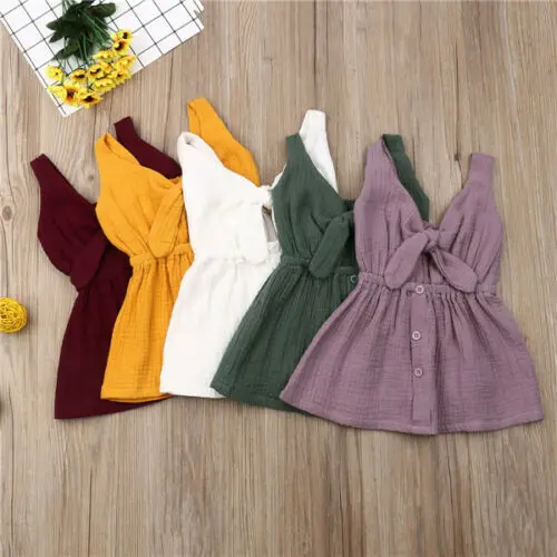 5 Colors Toddler Kids Baby Girls Dress Sleeveless Ruffle Solid Linen Elegant Princess Party Clothes | Детская одежда и обувь