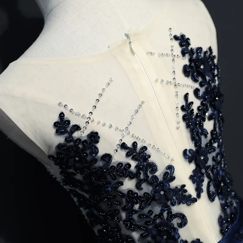 Robe De Soiree 2020 Navy Blue Evening Dresses Sheer Scoop Neck Beaded Pearls Women Formal Gowns Special Occasion Dress | Свадьбы и
