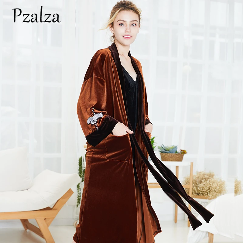 

Animal Red-crowned Cranes Fashion Robe Female Winter Autumn Long Robes Femme Women Bath Robe Belt Nightgown Sleepwear Robe Brown