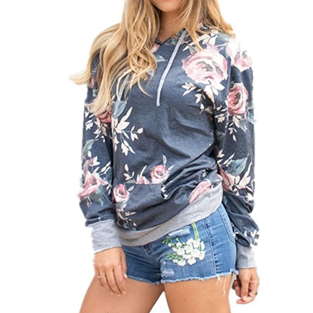 Для женщин Повседневное капюшоном 2018 осень Цветочный принт тонкий длинный рукав