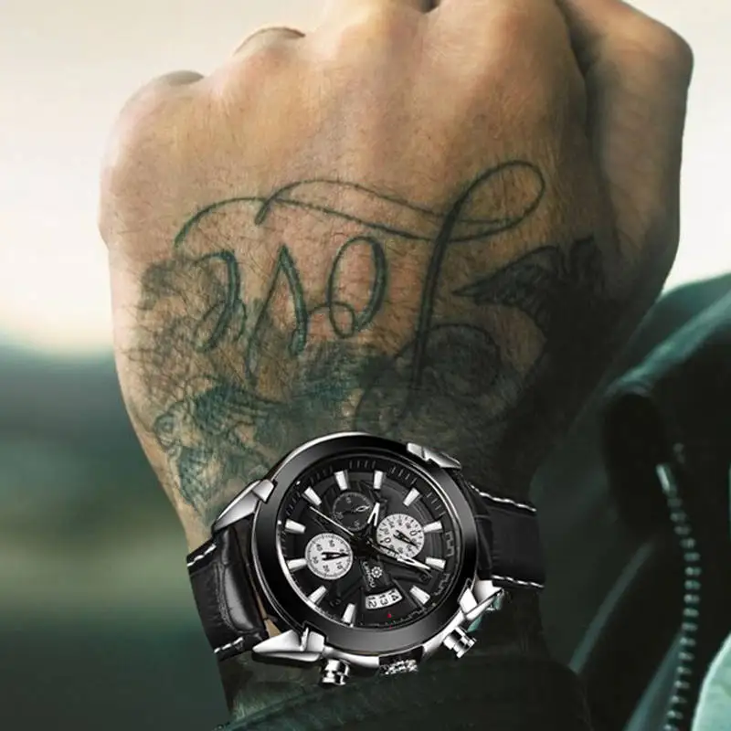 LIANDU Роскошные мужские часы коричневый черный кожаный хронограф