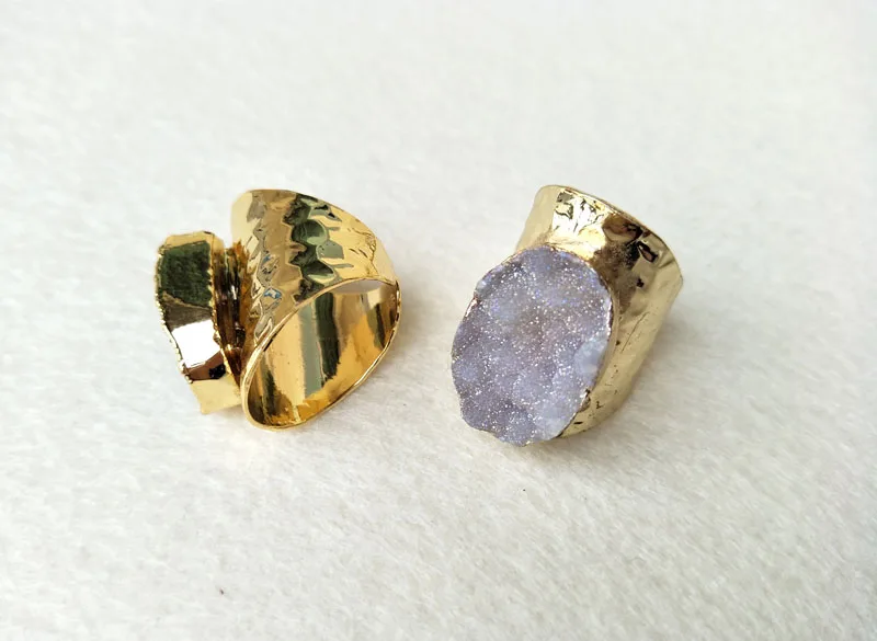5 шт. золотого цвета Натуральный Druzy geode druse кольца из кварцевого камня Ювелирное
