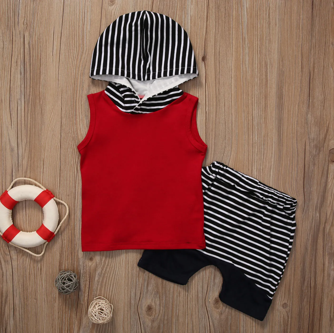 Emmababy Summer Baby Boy Clothes Sleeveless Hooded Tops +Striped Shorts Pant 2PCS Outfits Toddler Kids Clothing Set | Детская одежда и