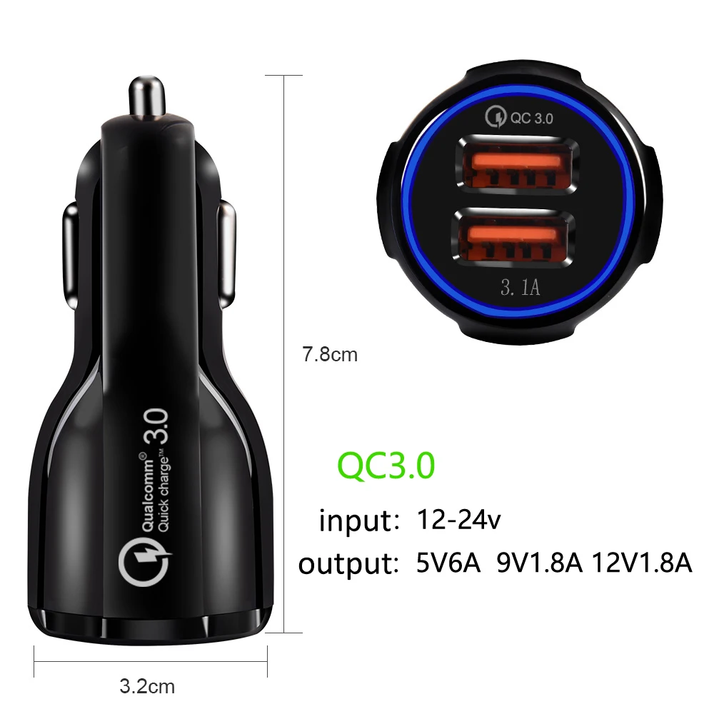 2 порта AUX автомобильное зарядное устройство USB 30 Вт для Xiaomi iPhone Huawei 3.1A QC 3 0 адаптер