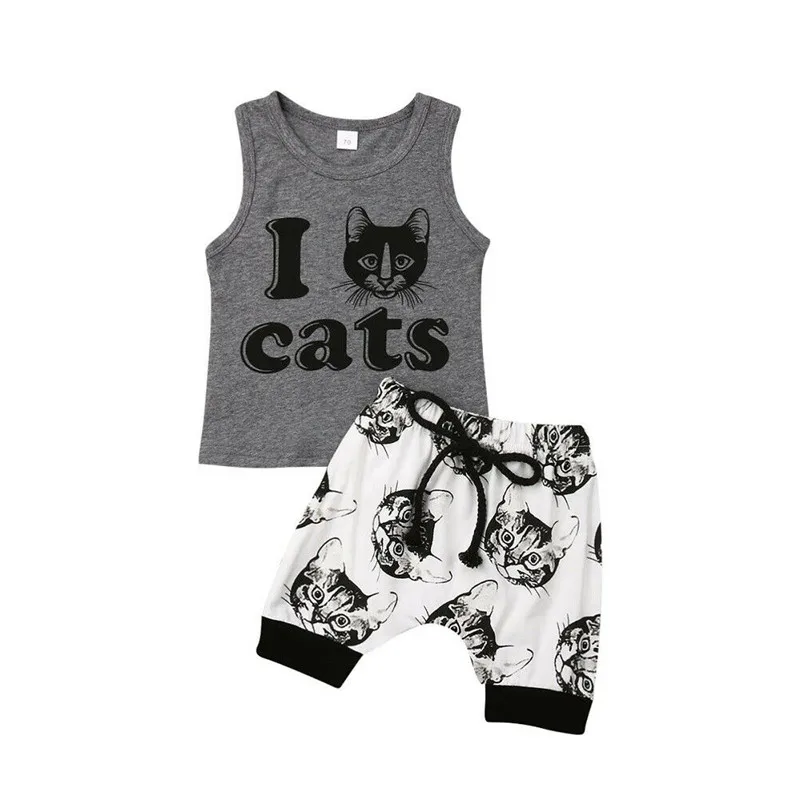 Newborn Baby Boys Outfits Cat Print Tank Tops Sleeveless Shirt Shorts Pants Set Clothes Kids Clothing Sets |