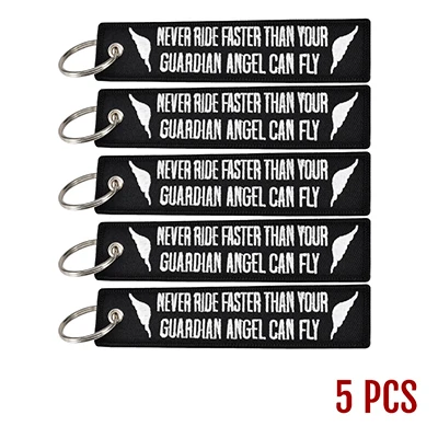 

Черный брелок для ключей, 5 шт., украшение, брелок для ключей, никогда не быстрее, чем ваш Ангел-хранитель, может летать на мотоцикле, вышивка, ангел, брелок для ключей