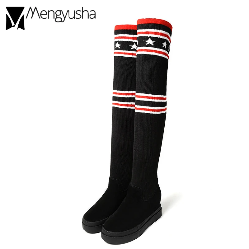 Модная Уличная обувь Стильные сапоги выше колена Ботинки увеличивающие рост из