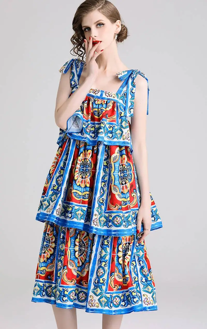 

2019 Summer Women Spaghetti Strap Runway Dress Sexy Printed Layers Ruffles Sweet Fashion Cake Dresses Party Vestidos